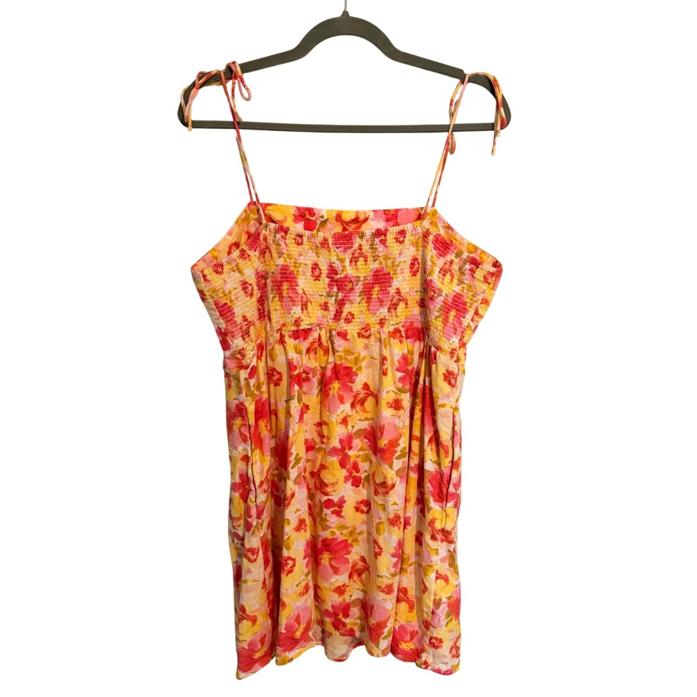 Old Navy Floral Linen Blend Tie Strap Mini Dress Pink Orange Yellow XL‎ Summer - Picture 2 of 6